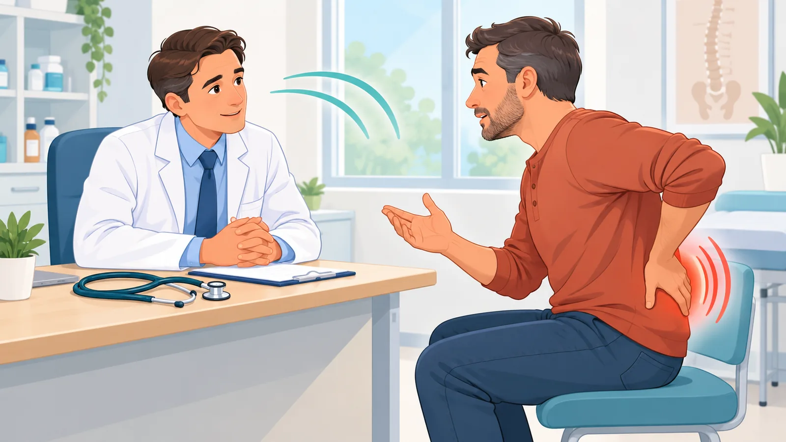 Médico ouvindo paciente que relata dor nas costas