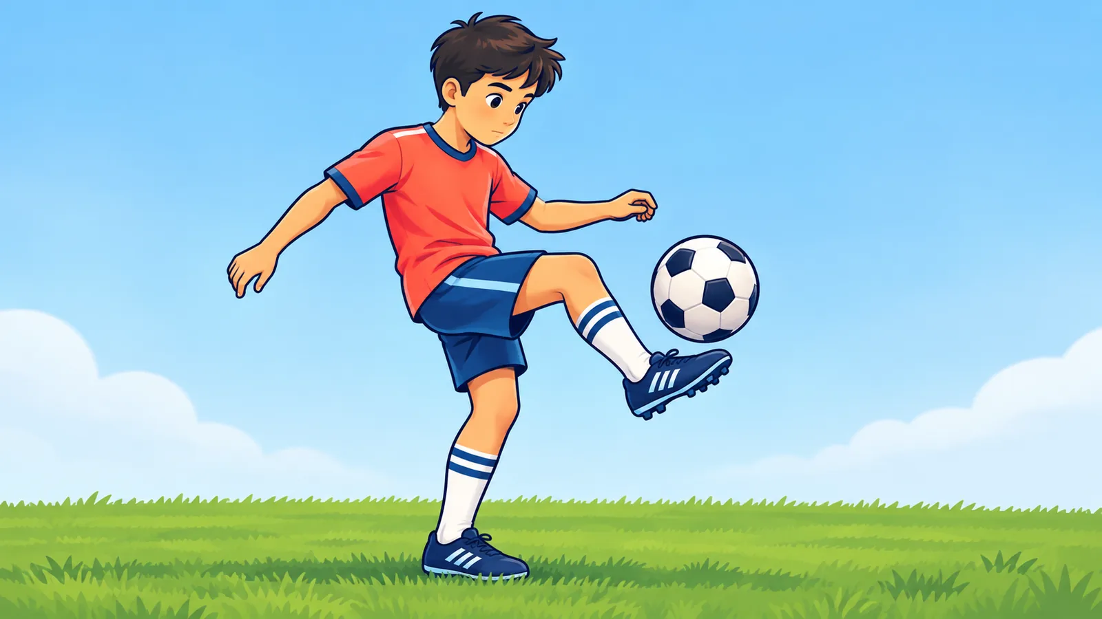 Jovem jogador fazendo embaixadinha em um campo gramado