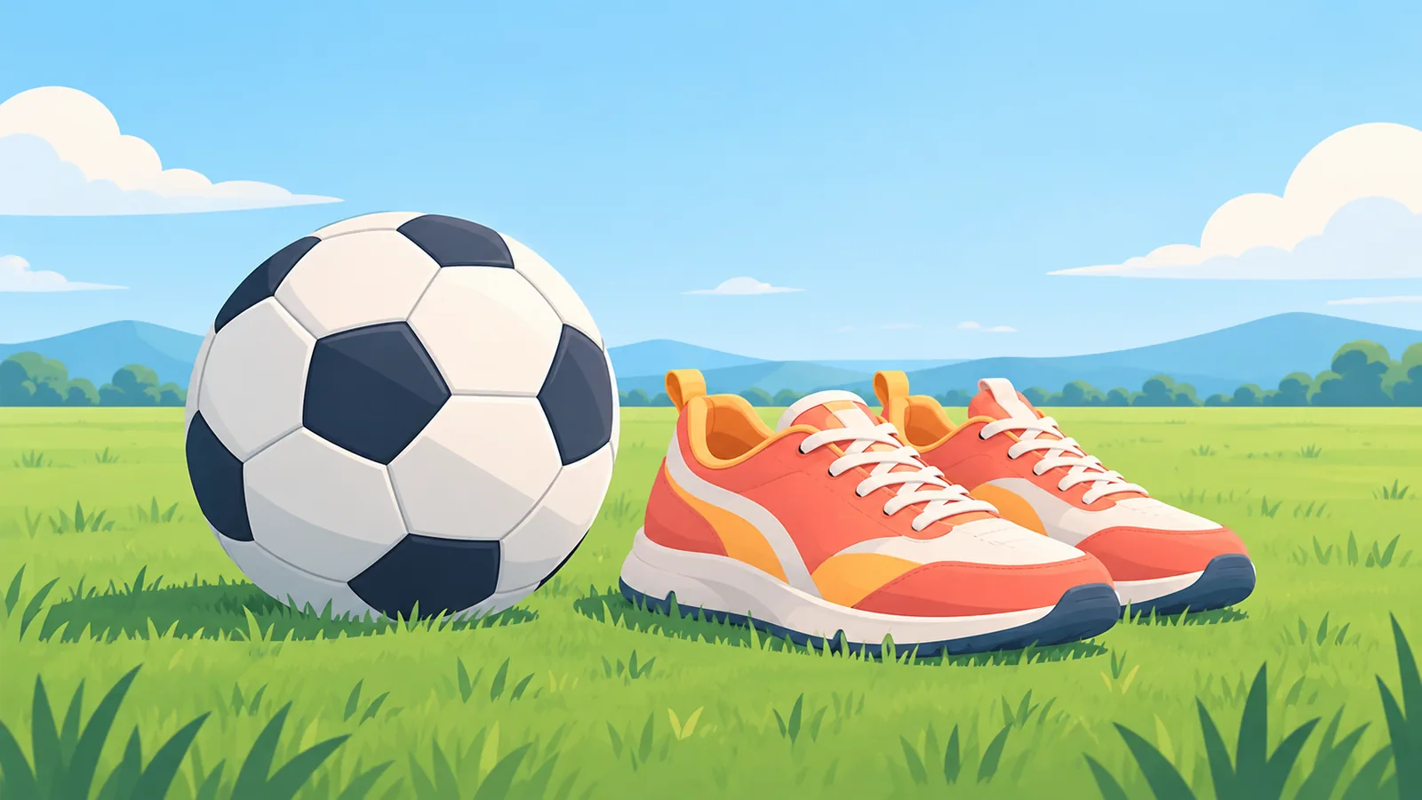 Bola de futebol e tênis sobre a grama, prontos para o treino
