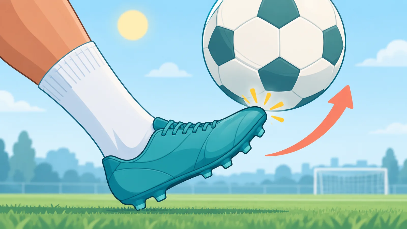 Peito do pé tocando a parte de baixo da bola com o tornozelo firme