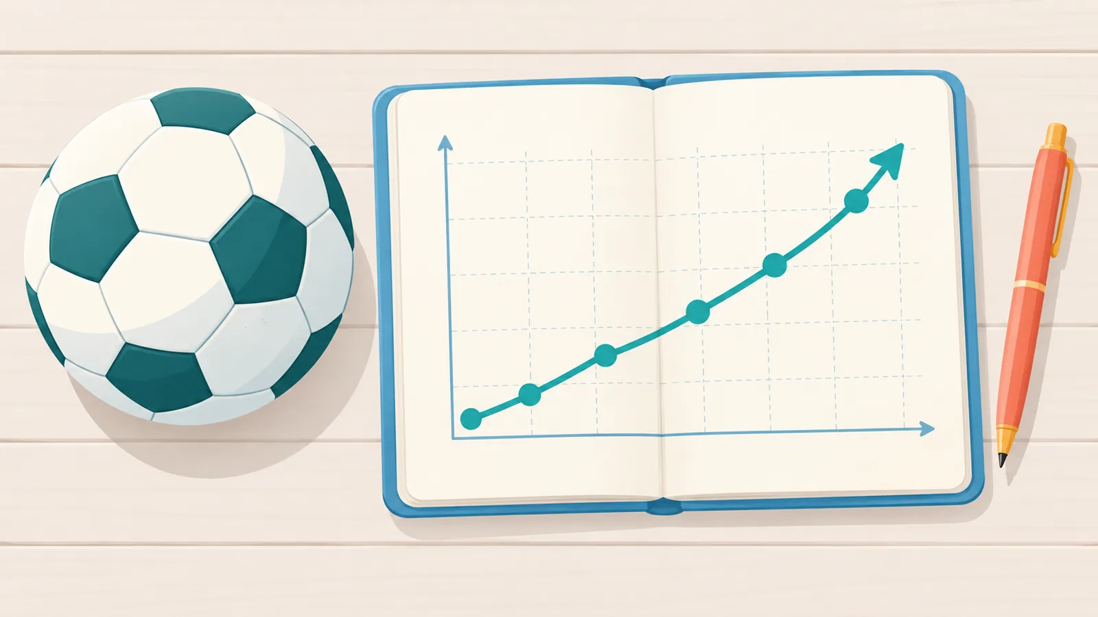 Bola, caderno com tabela de progresso e caneta sobre uma mesa de madeira