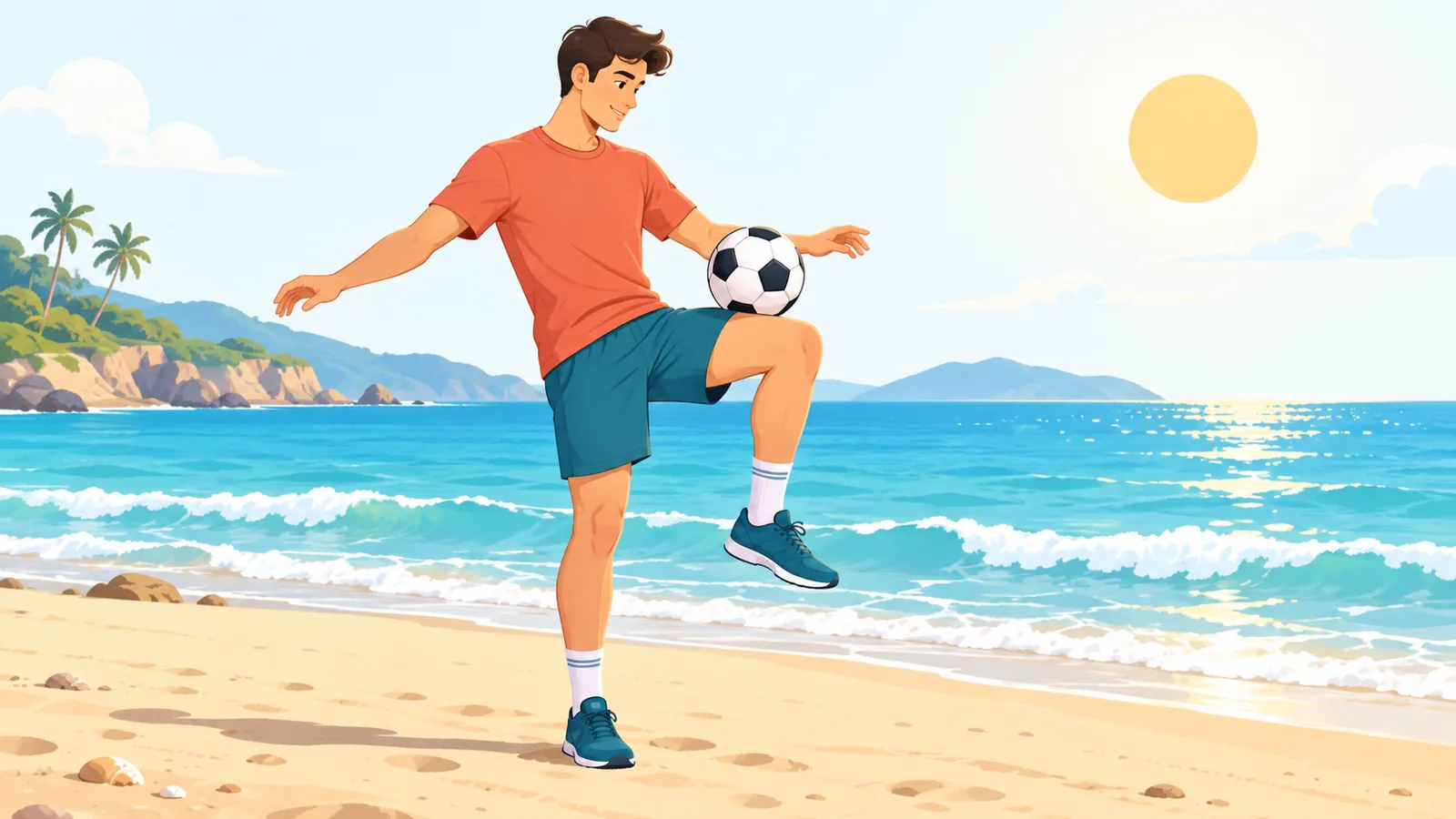 Jogador controlando a bola com a coxa na areia da praia