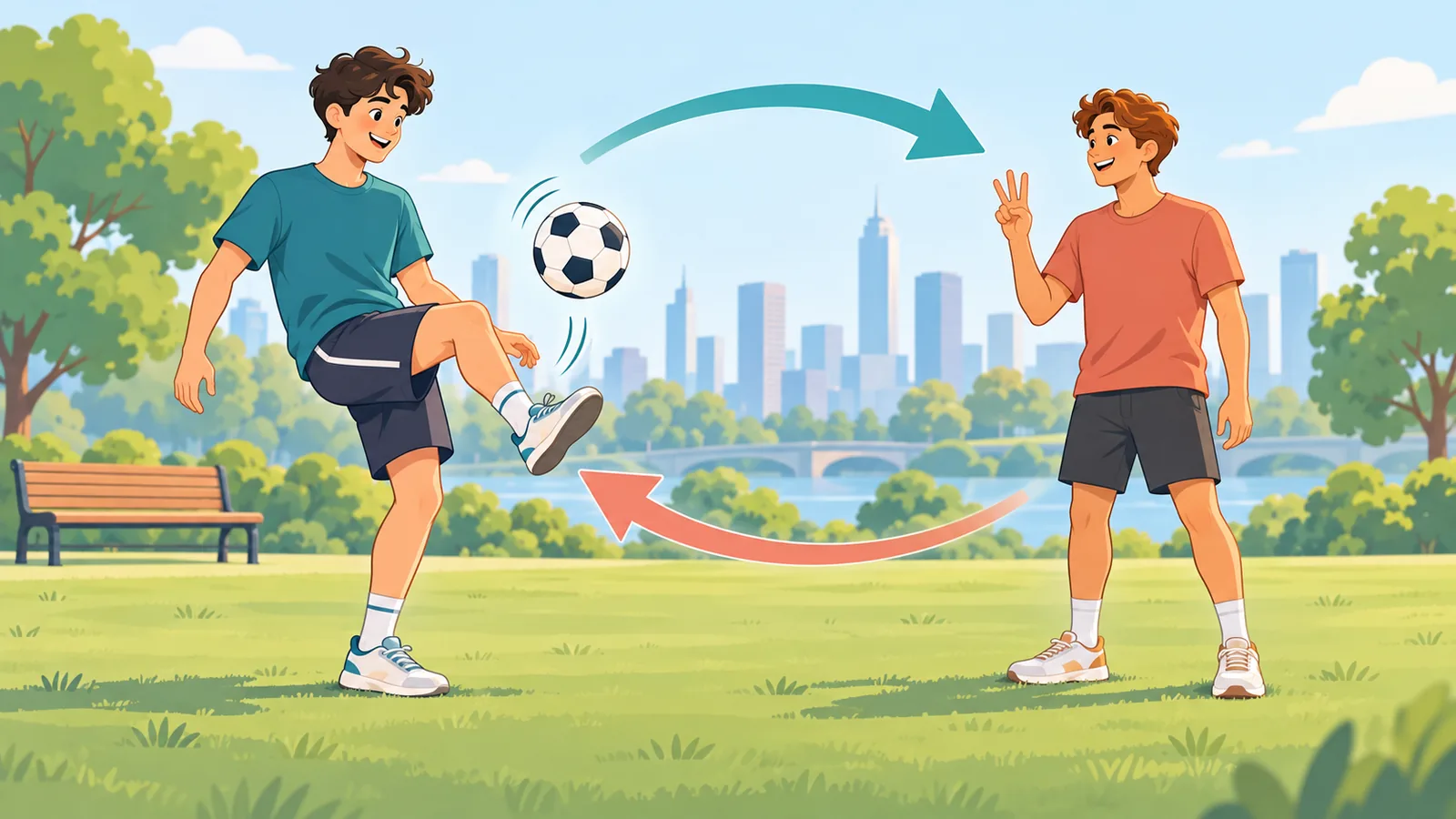 Dois amigos se revezando nas embaixadinhas em um parque
