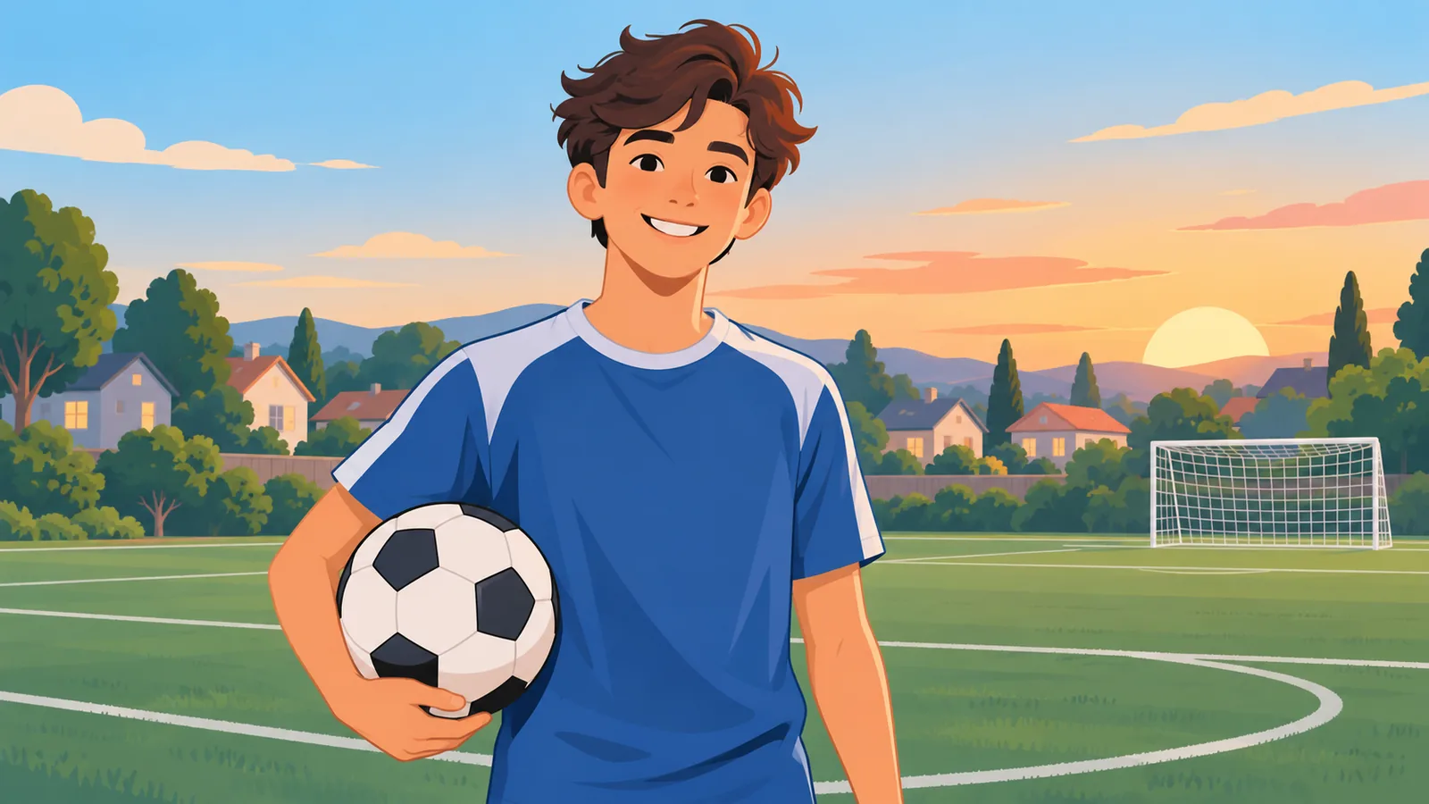 Adolescente sorrindo com uma bola de futebol debaixo do braço