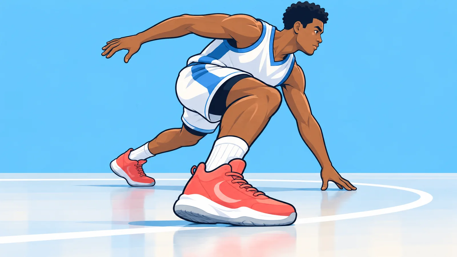 Jogador de basquete aterrissando de um salto em quadra coberta