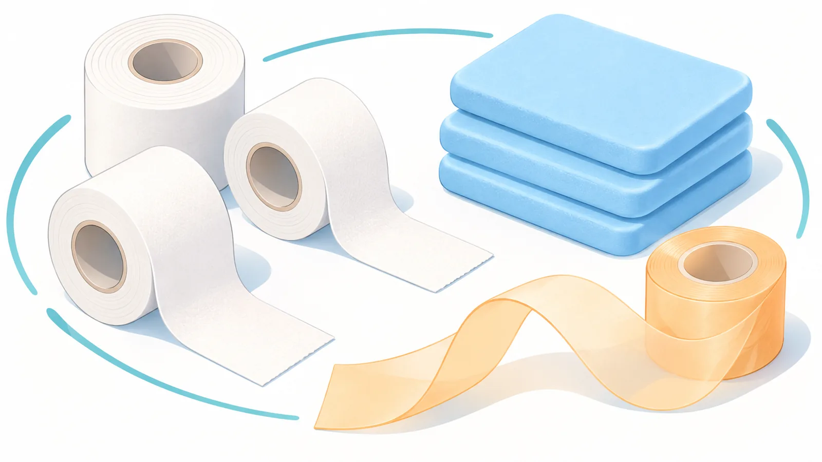 Materiais para tapeamento de tornozelo organizados sobre uma mesa