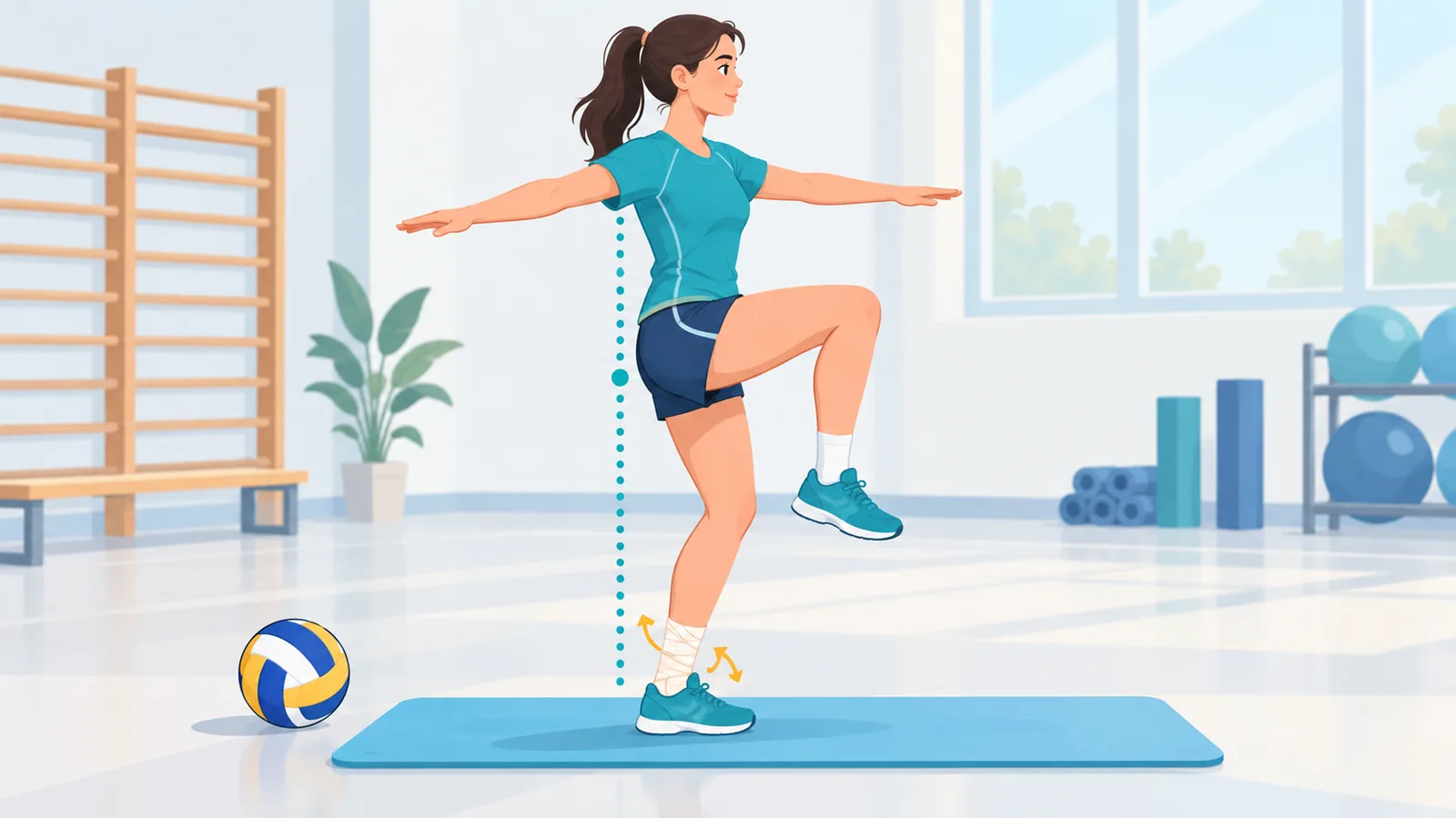 Jogadora de vôlei com tornozelo tapeado fazendo exercício de equilíbrio