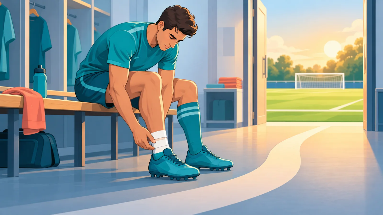 Jogador de futebol conferindo o tapeamento do tornozelo antes do jogo