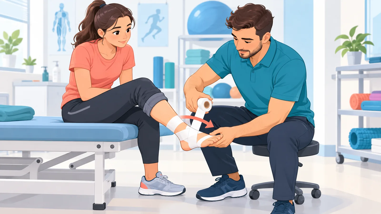 Fisioterapeuta ensinando um atleta a tapear o tornozelo
