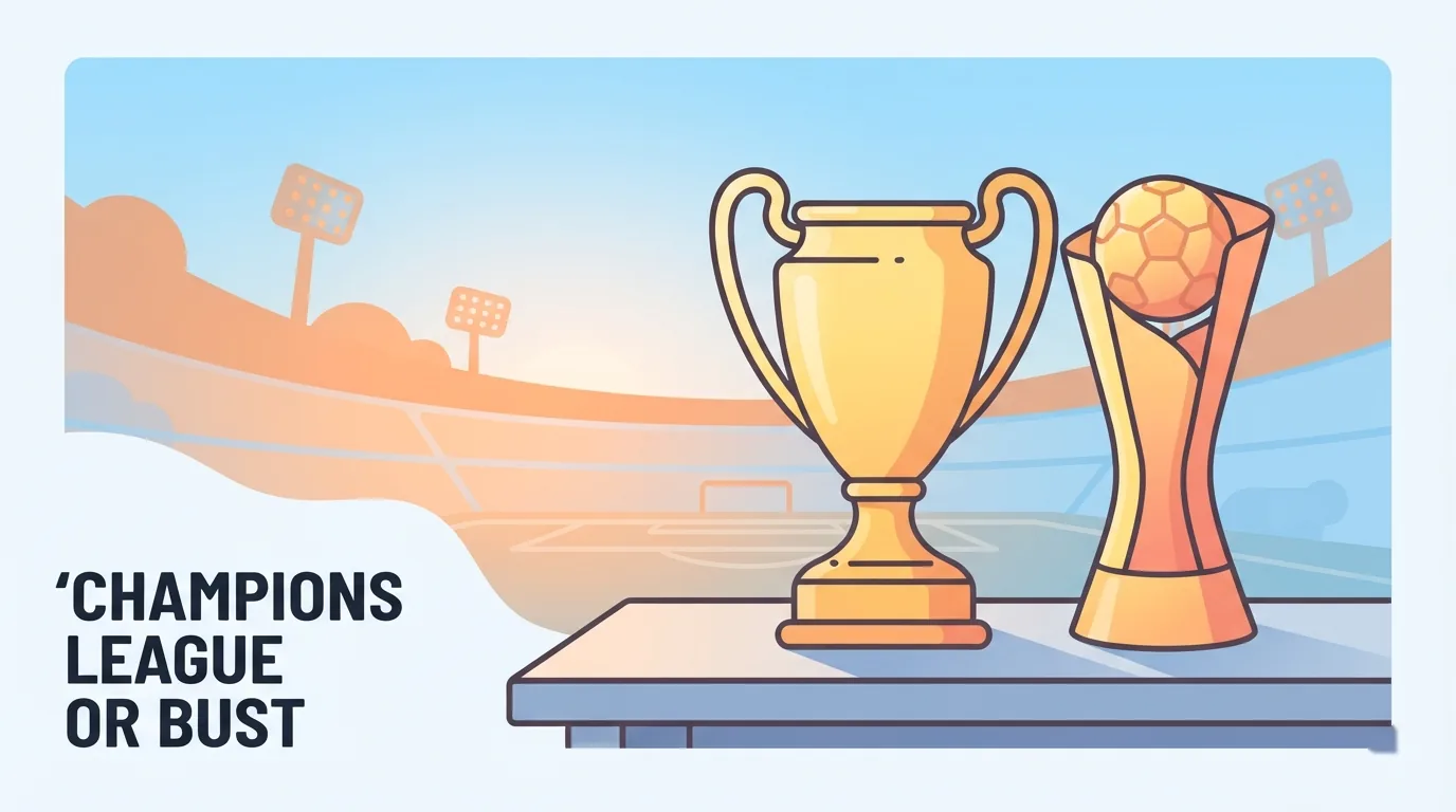 Estádio de futebol com um troféu de liga e uma taça de copa lado a lado