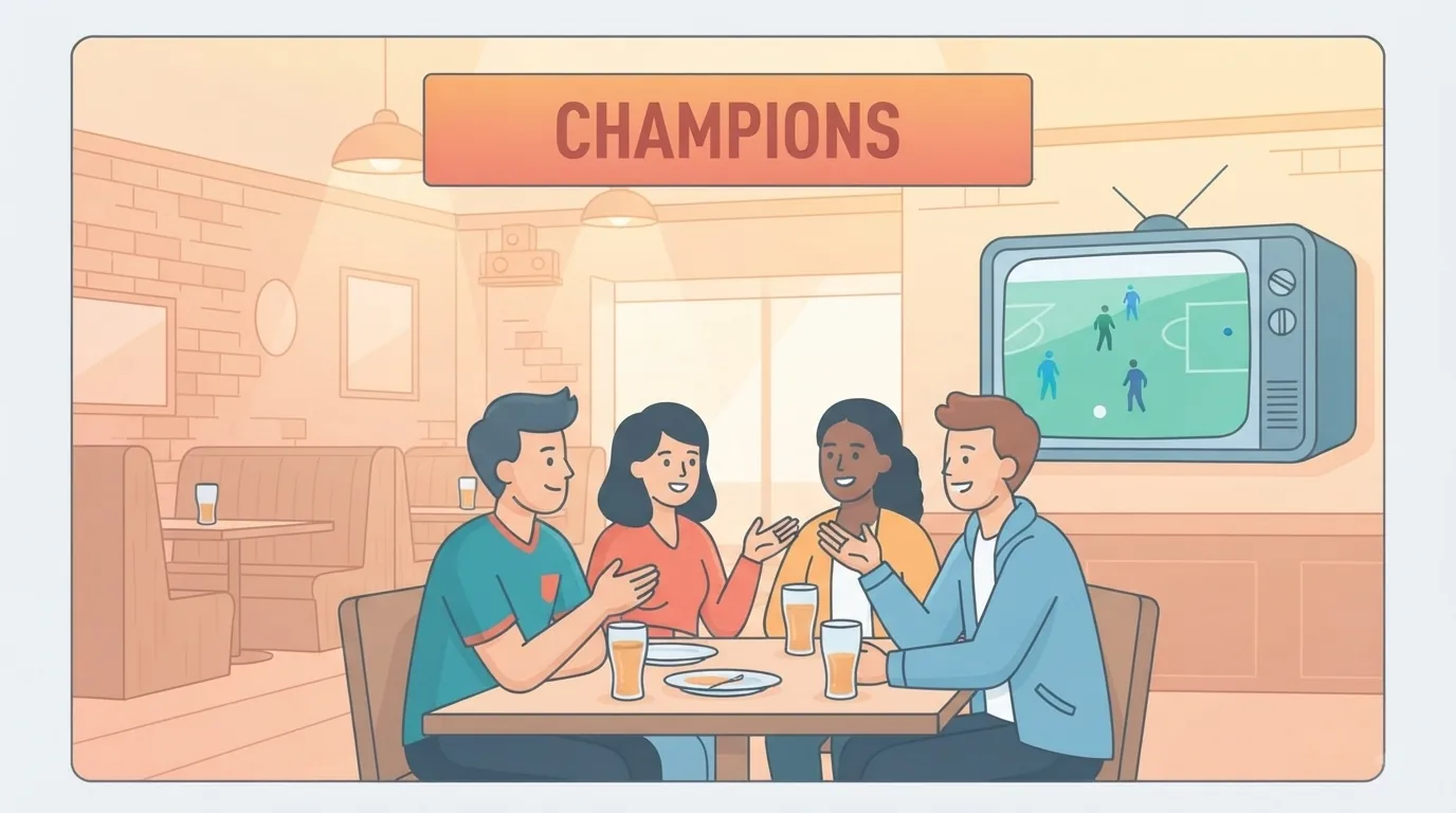 Amigos conversando sobre futebol em um café com jogo na TV