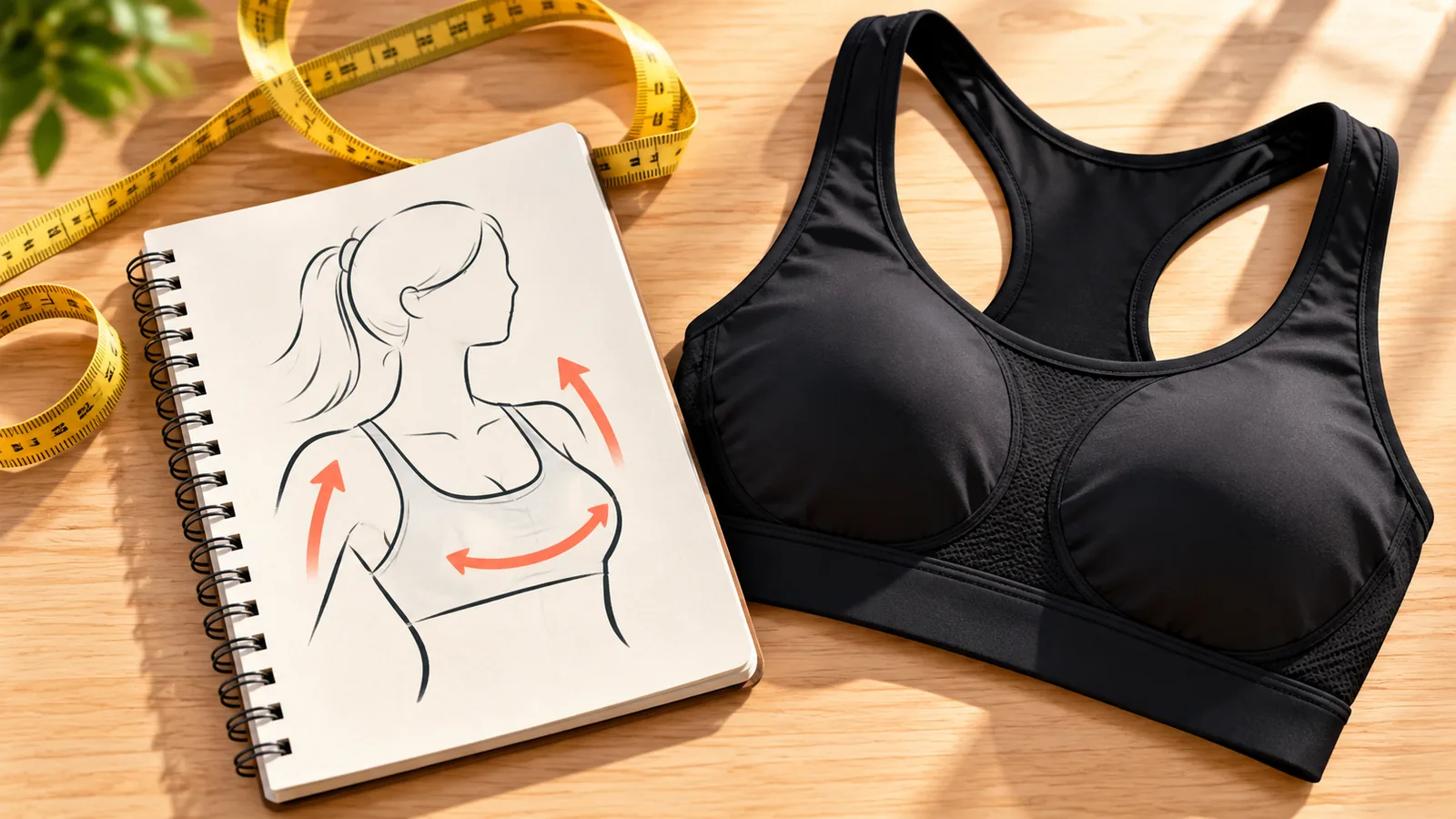 Sutiã esportivo preto ao lado de fita métrica e caderno com diagrama de movimento
