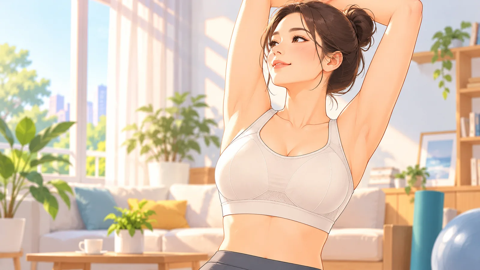 Mulher alongando os braços usando um sutiã esportivo sem aro