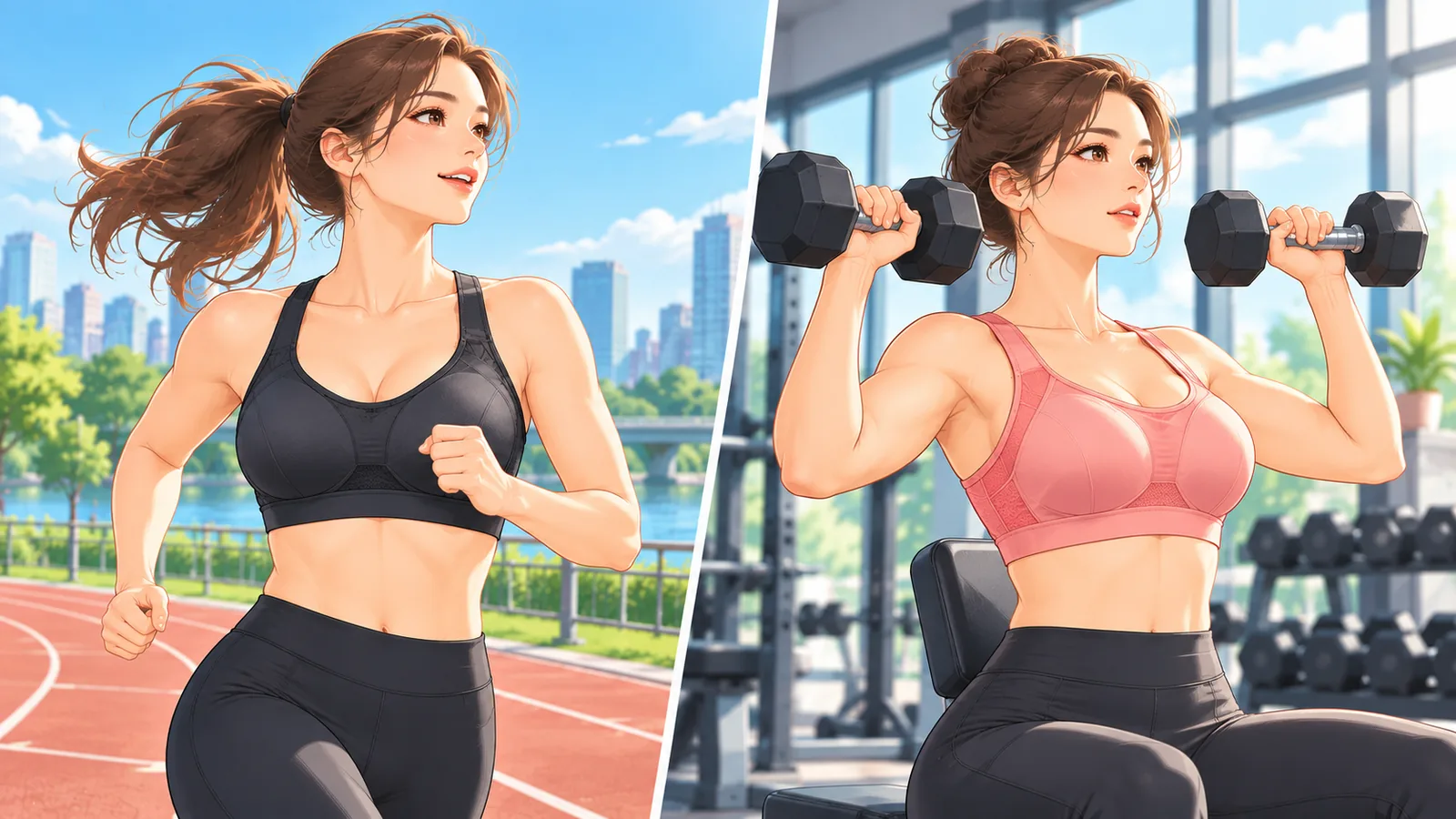 Mulheres correndo na pista e levantando halteres com sutiãs esportivos de suporte