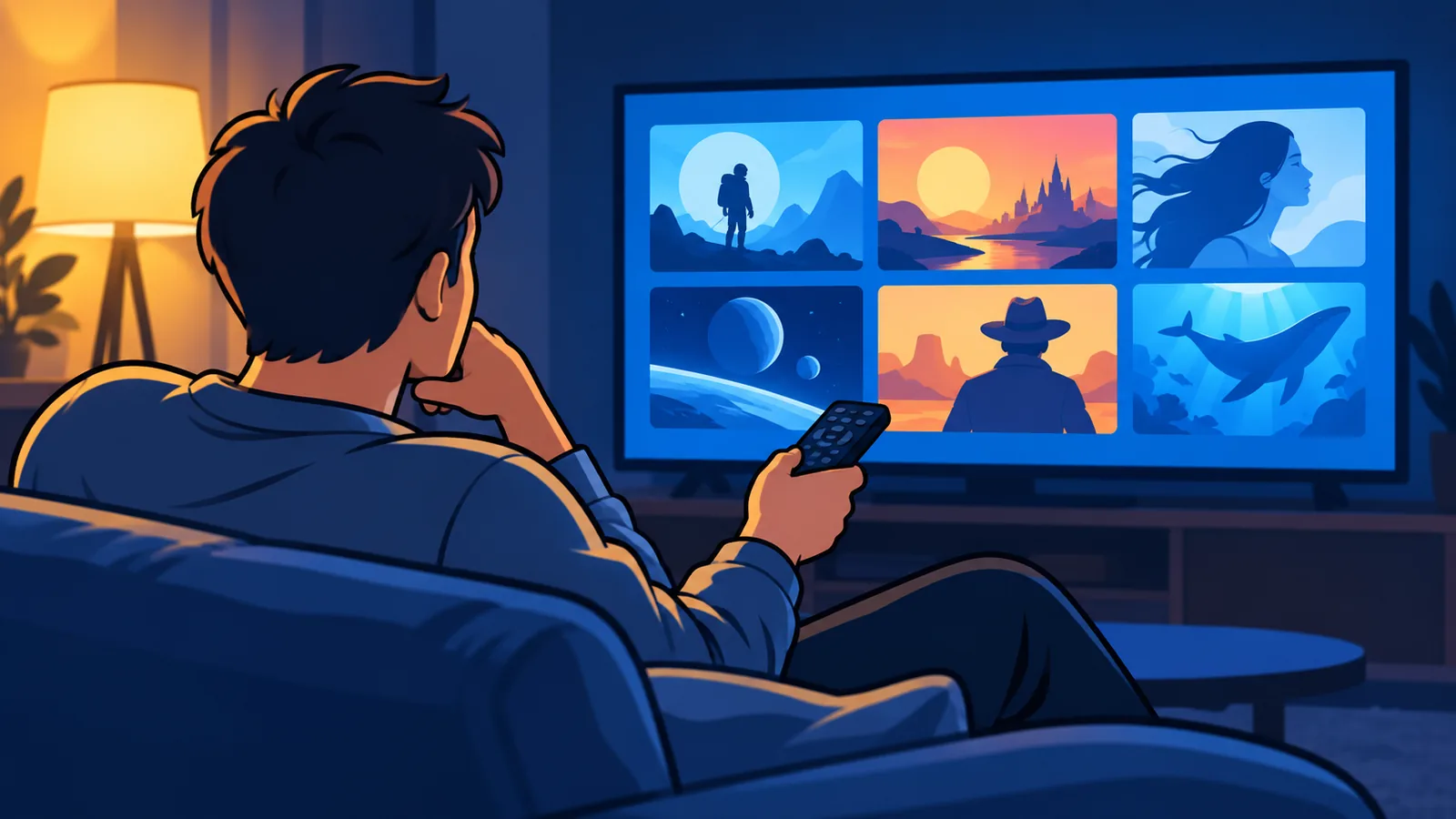 Pessoa no sofá escolhendo um filme de esporte na TV