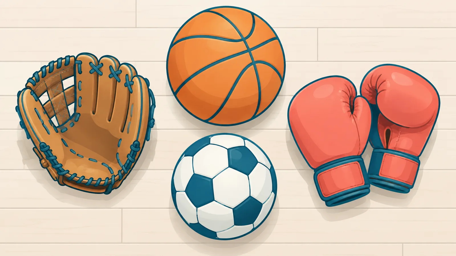 Equipamentos de vários esportes sobre o piso de madeira