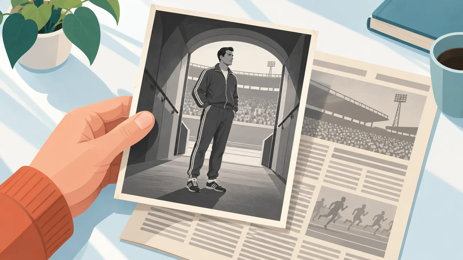 Foto antiga de atleta ao lado de recorte de jornal