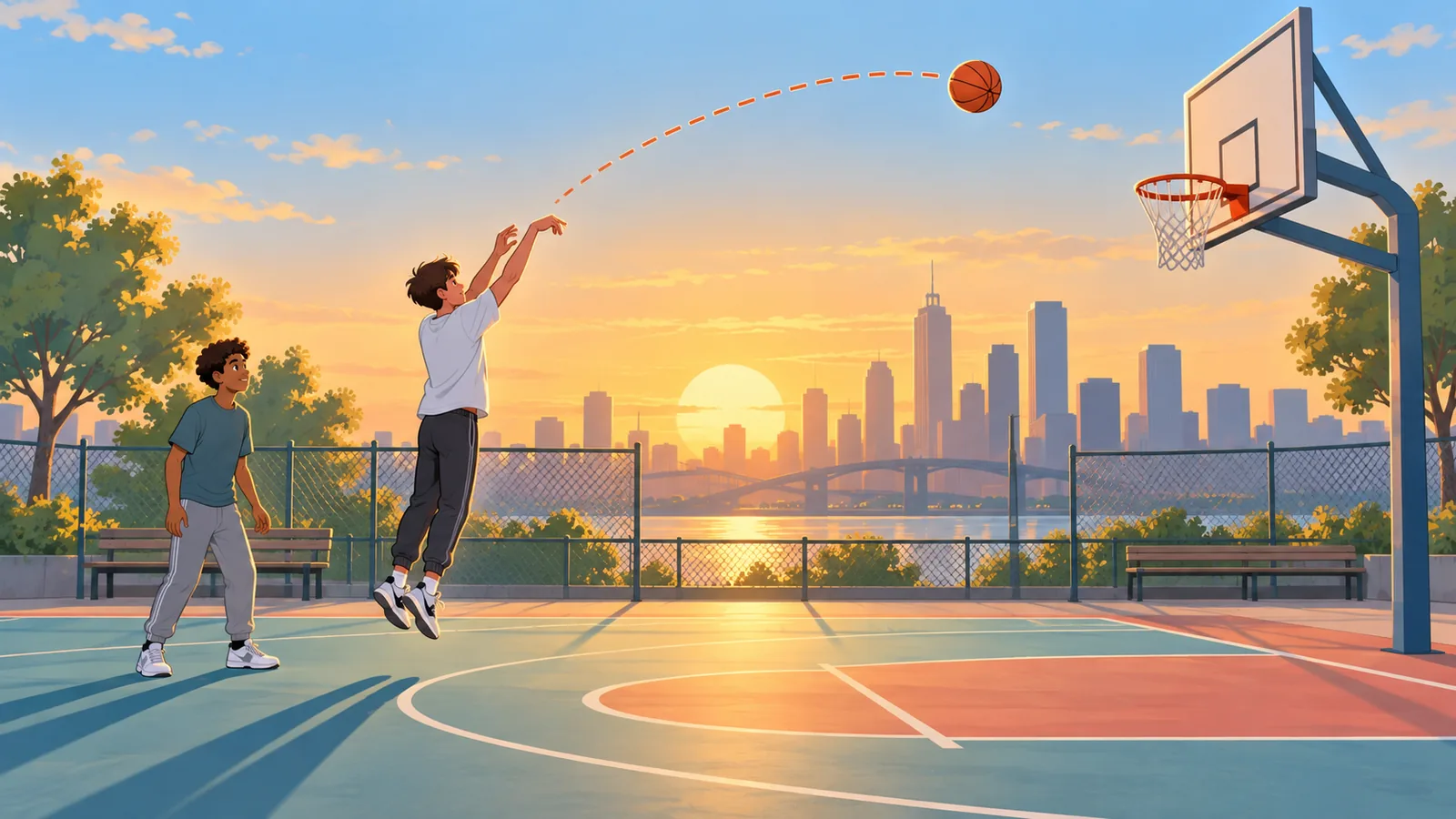 Dois jovens jogando basquete em quadra ao ar livre