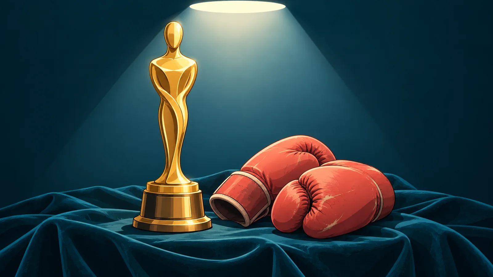 Troféu dourado ao lado de luvas de boxe usadas