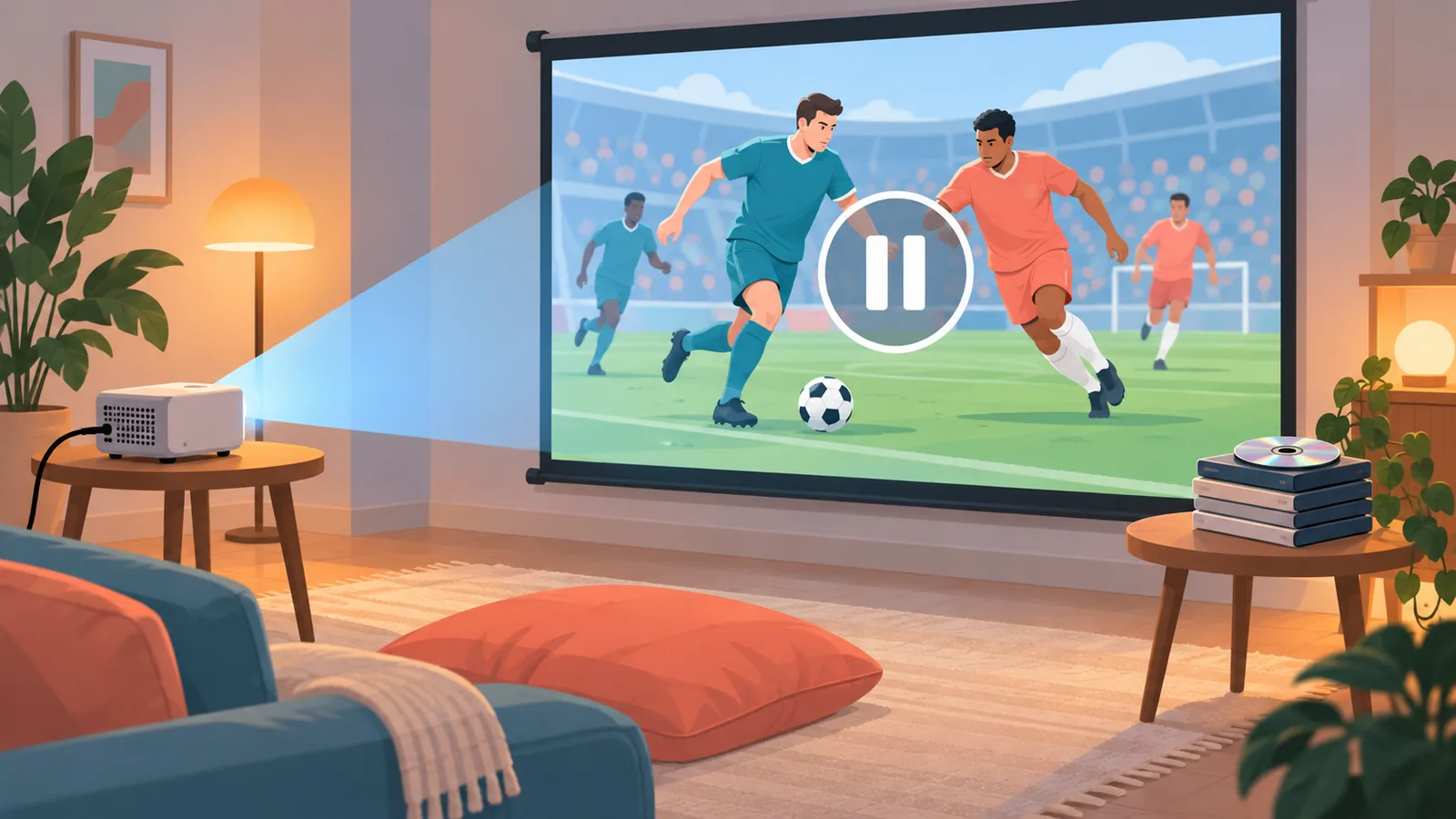 Cantinho de cinema em casa com filme de esporte pausado