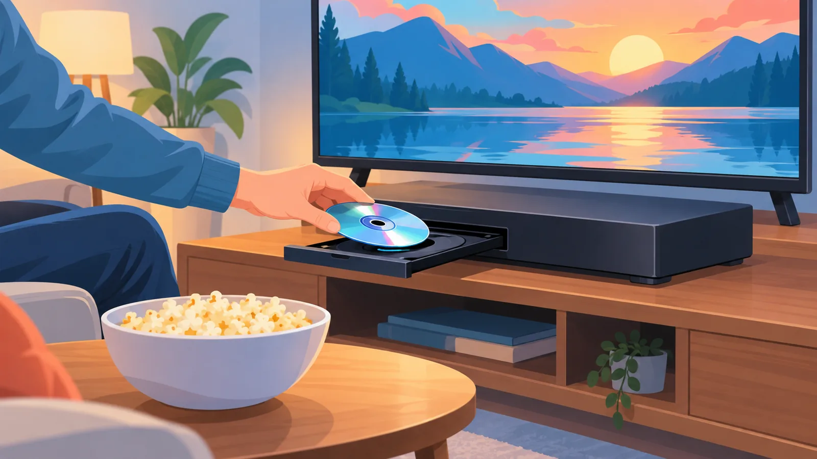 Mão colocando um disco no aparelho para assistir a um filme