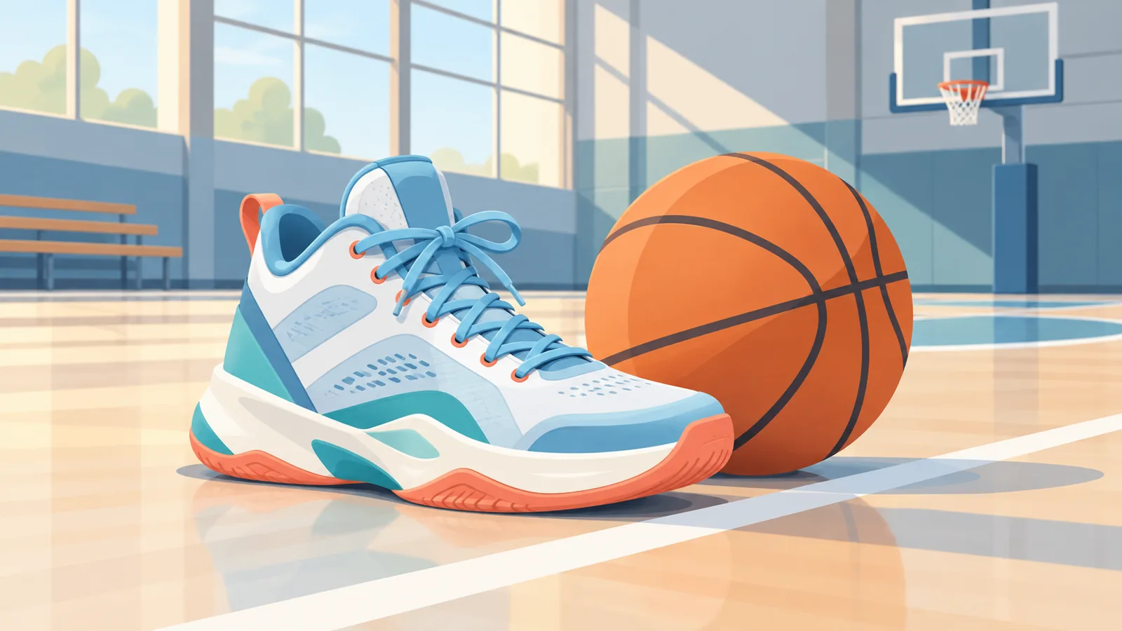 Tênis de basquete bem ajustado ao lado de uma bola de basquete
