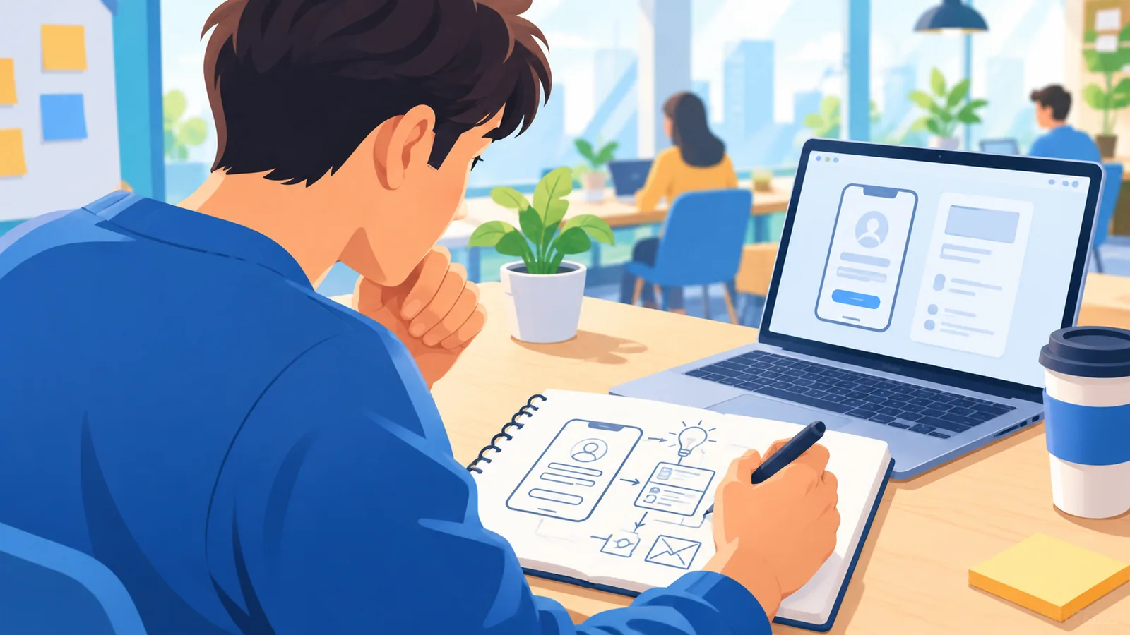 Fundadora esboçando o protótipo de uma startup em um caderno ao lado do notebook