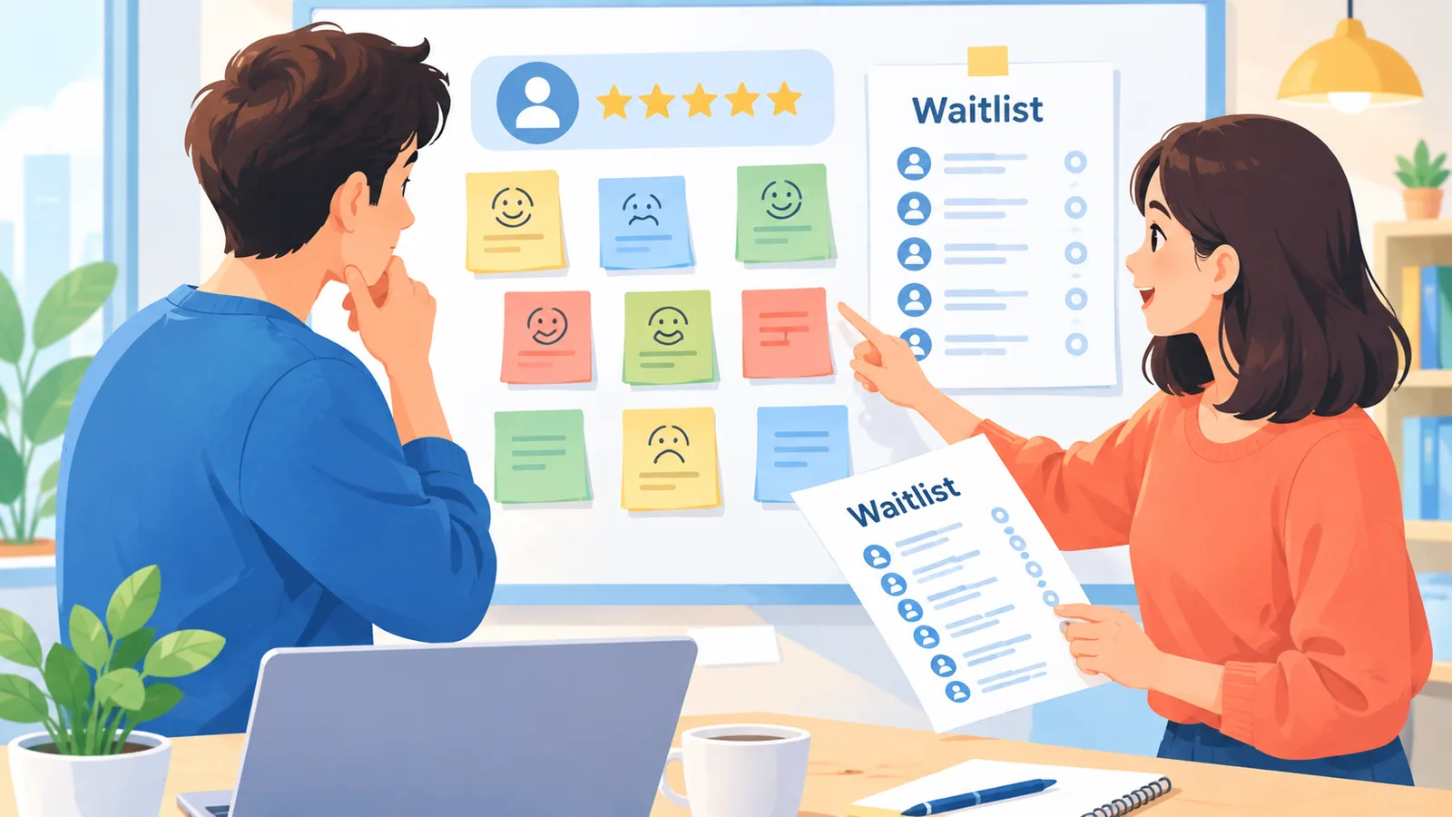 Dois fundadores analisando post-its com feedback de clientes e uma lista de espera