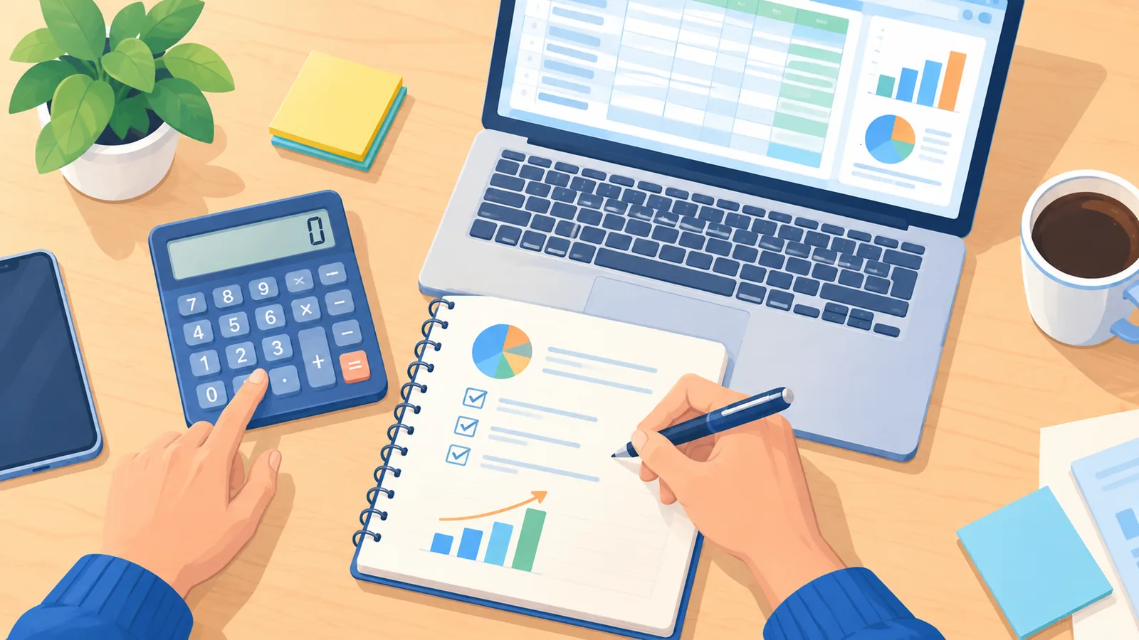 Mãos calculando o valor a captar com calculadora, caderno e planilha