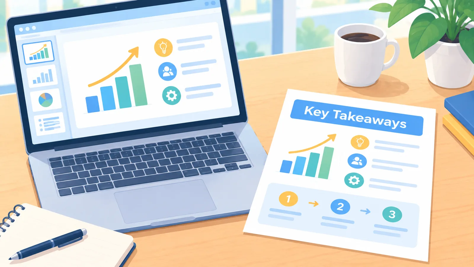 Notebook exibindo um pitch deck ao lado de um resumo impresso do negócio