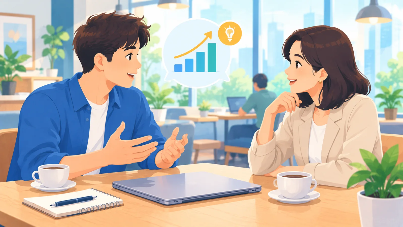 Fundador conversando com um investidor em uma mesa de café