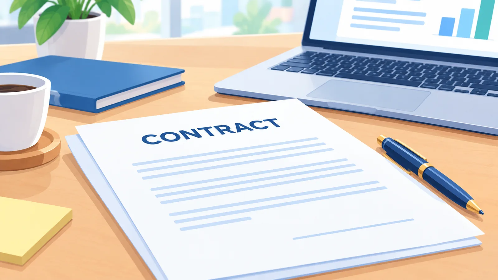 Páginas impressas de contrato e uma caneta sobre a mesa