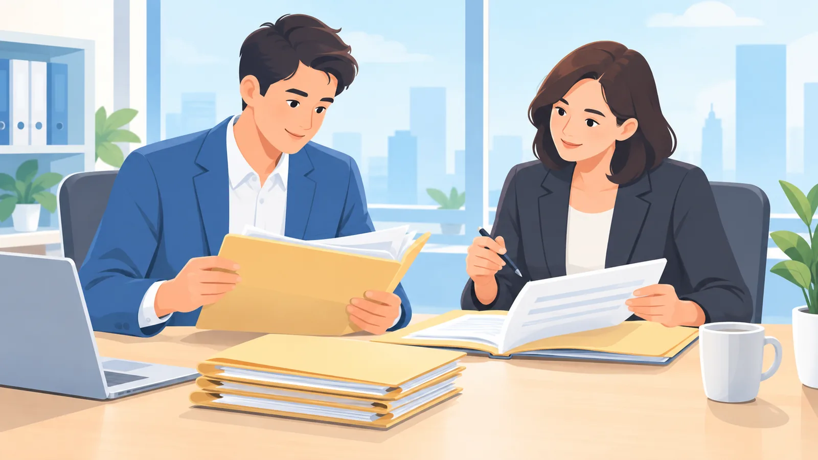 Fundador e advogado revisando pastas de documentos da empresa
