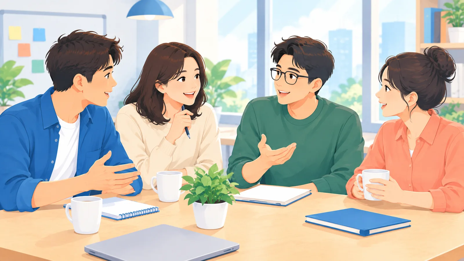 Grupo de fundadores conversando em volta de uma mesa com cadernos e café
