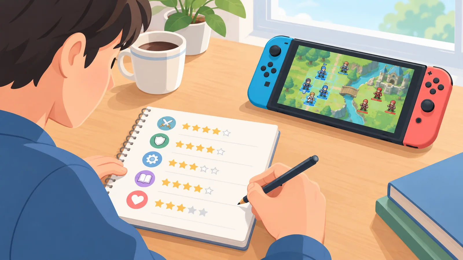 Pessoa analisando critérios de avaliação em um caderno ao lado de um console de jogos