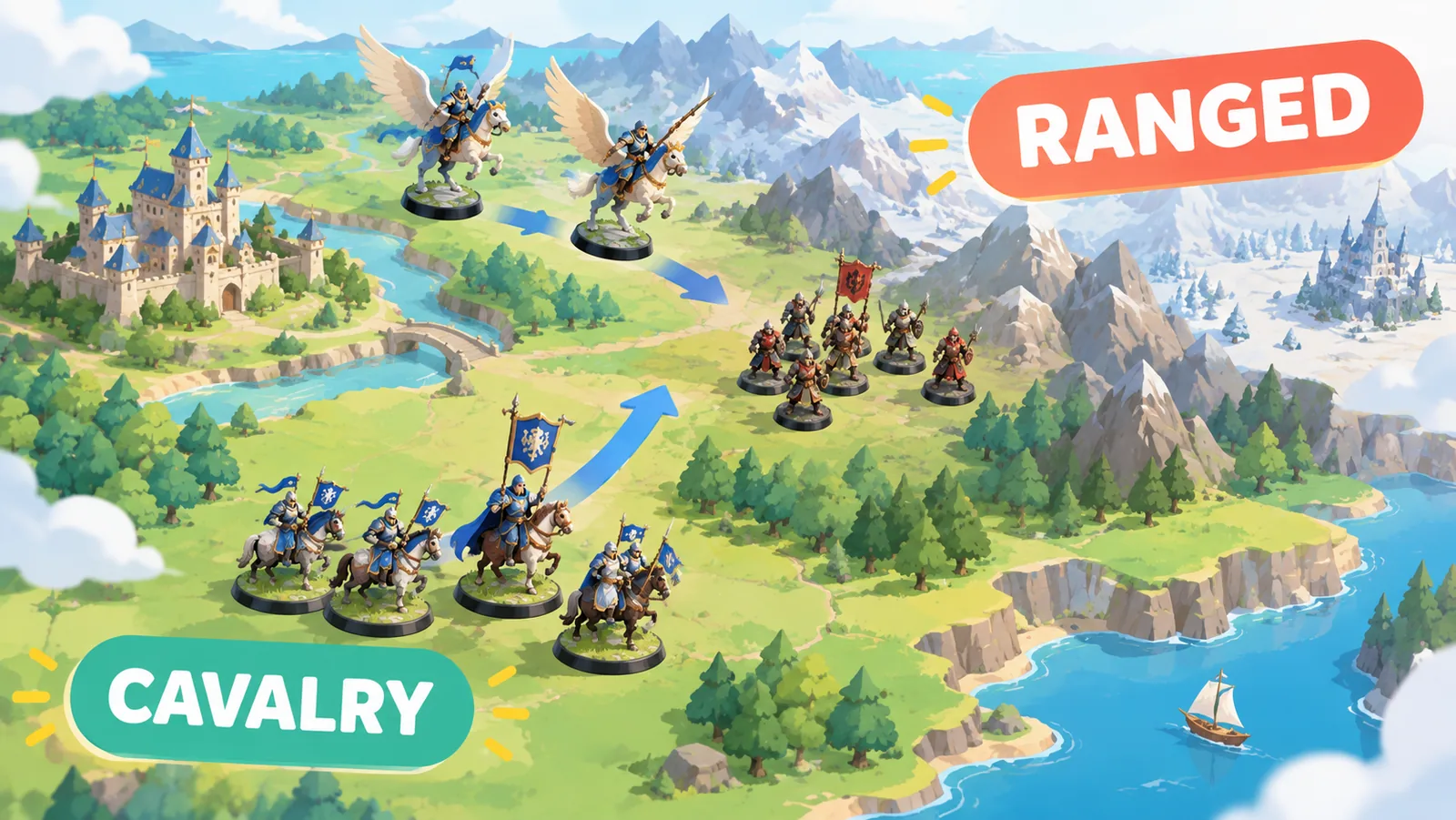 Miniaturas de cavalaria e criaturas voadoras sobre um mapa de campanha
