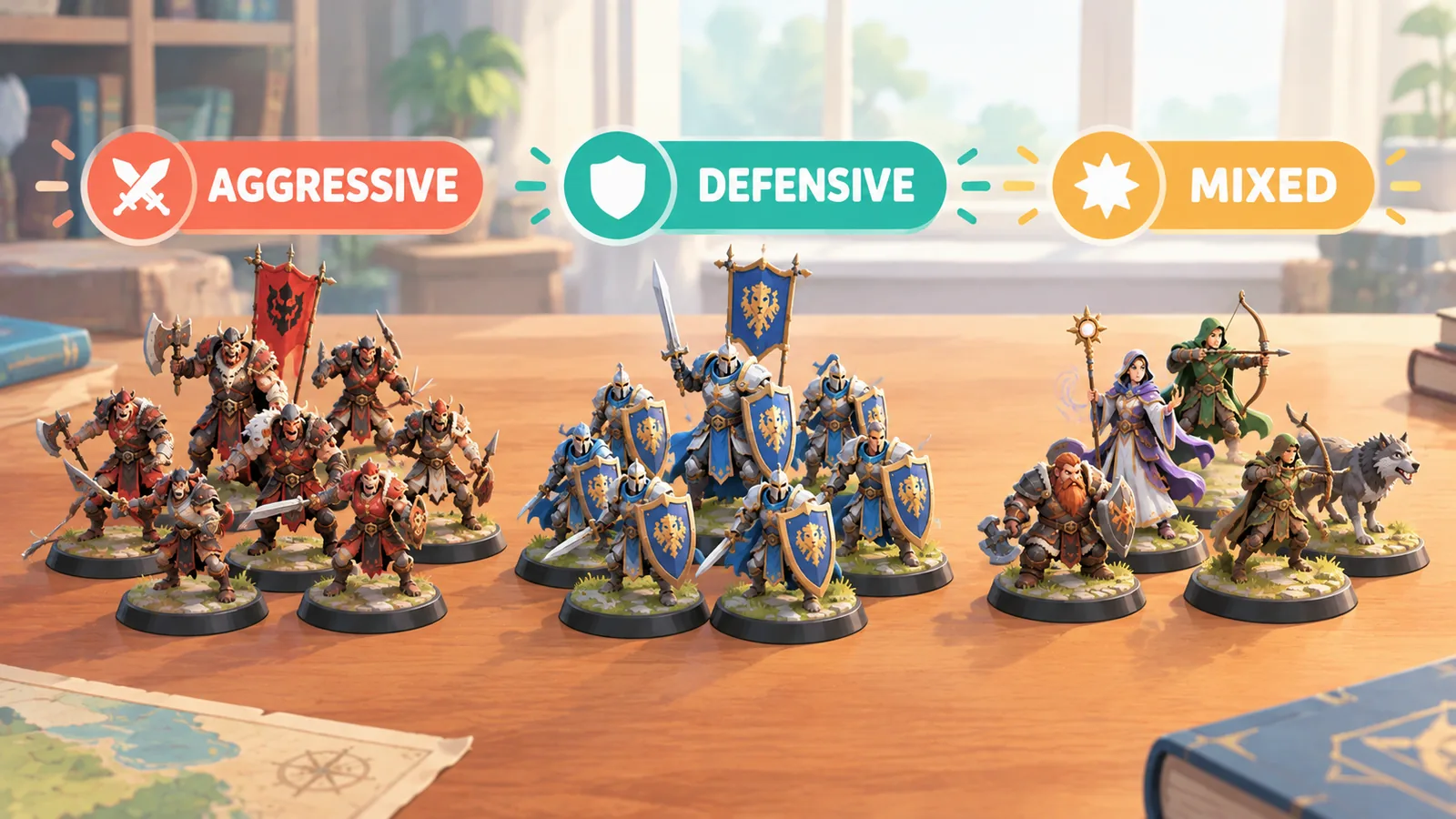Três grupos de miniaturas representando estilos de time diferentes