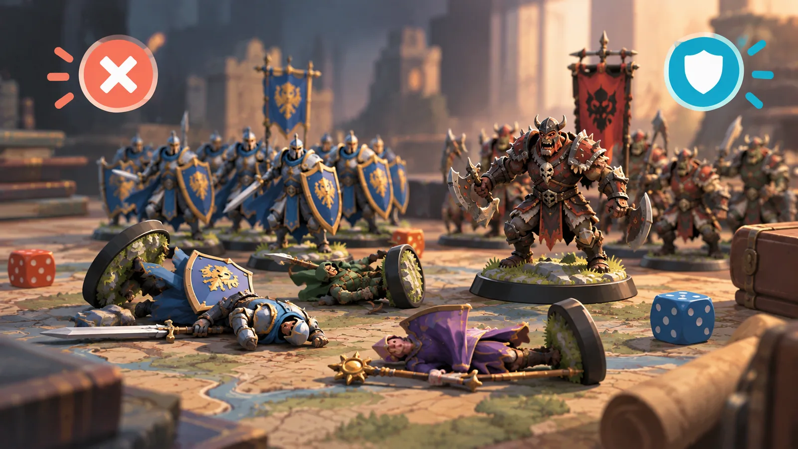 Formação desorganizada de miniaturas tombadas em um tabuleiro