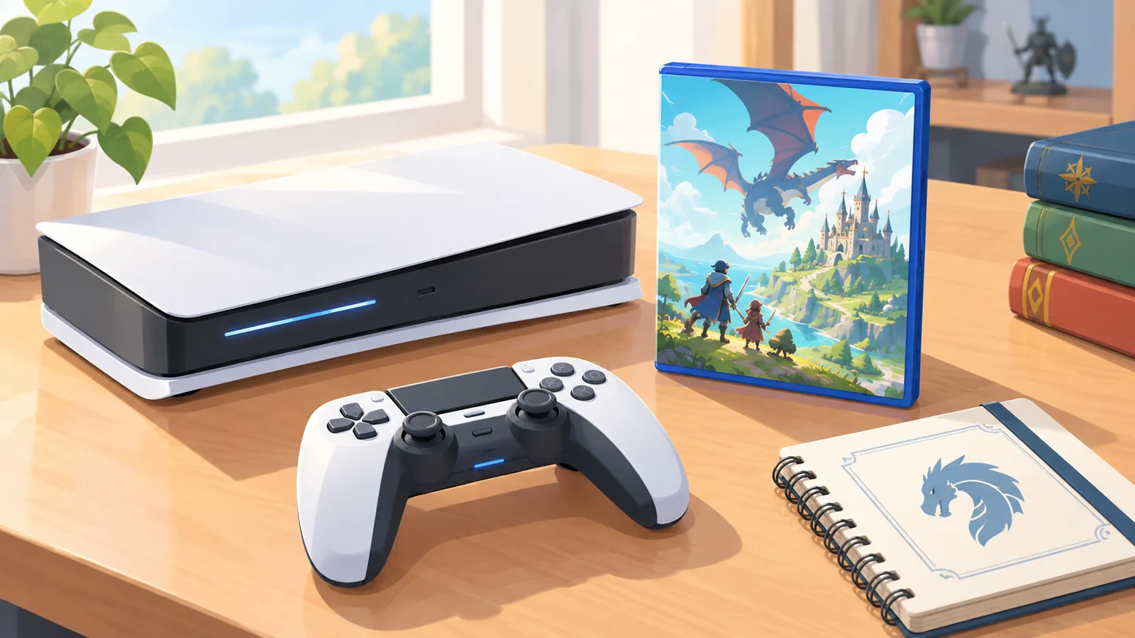 Console, controle e caixa de jogo sobre uma mesa organizada