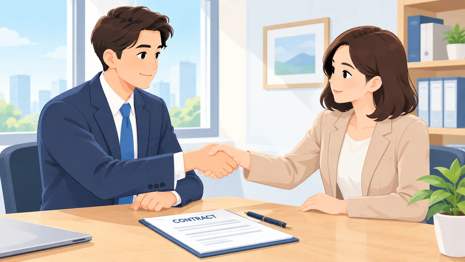Aperto de mão sobre a mesa com um contrato de prestação de serviços