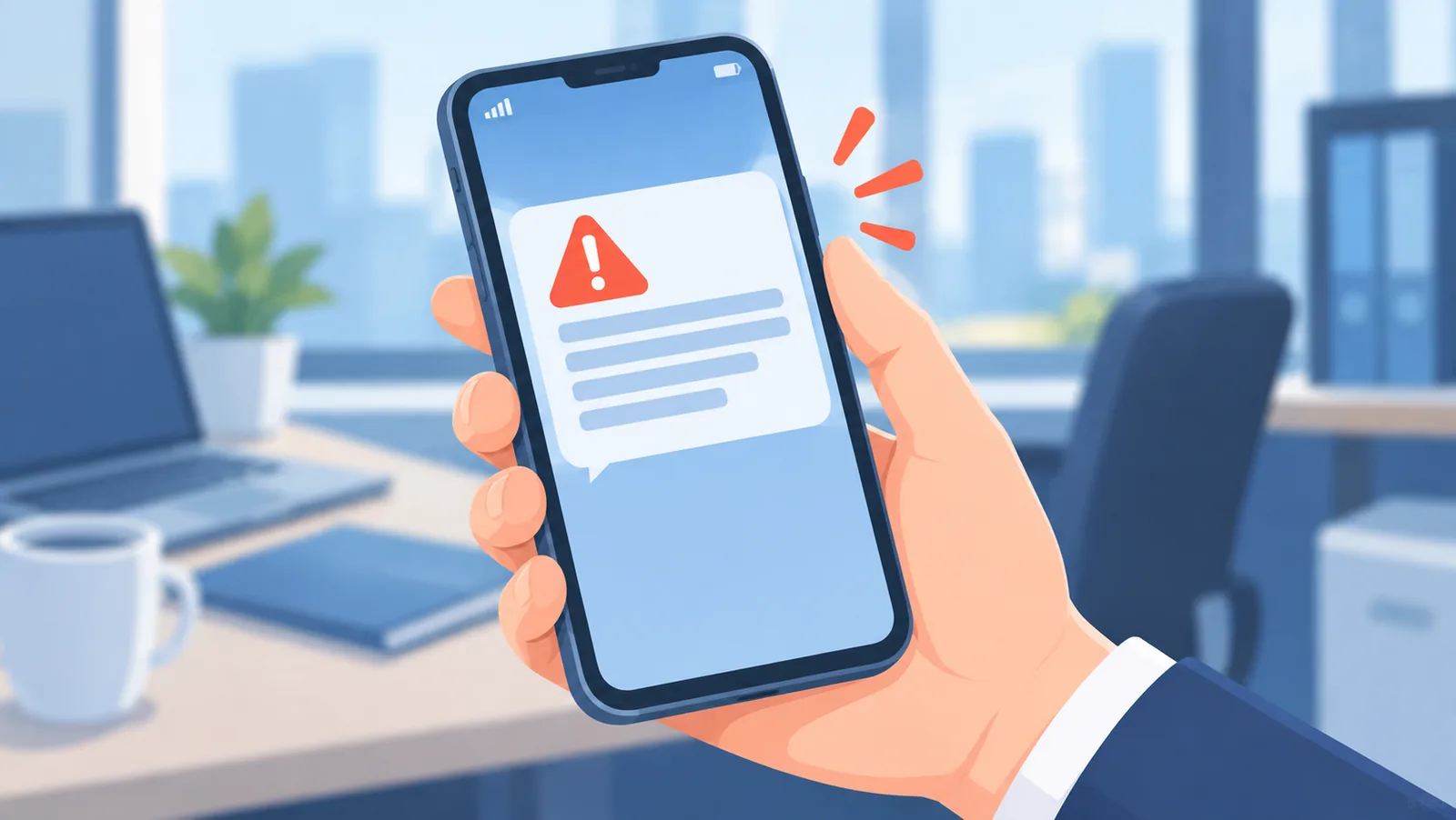 Celular exibindo uma mensagem suspeita com símbolo de alerta