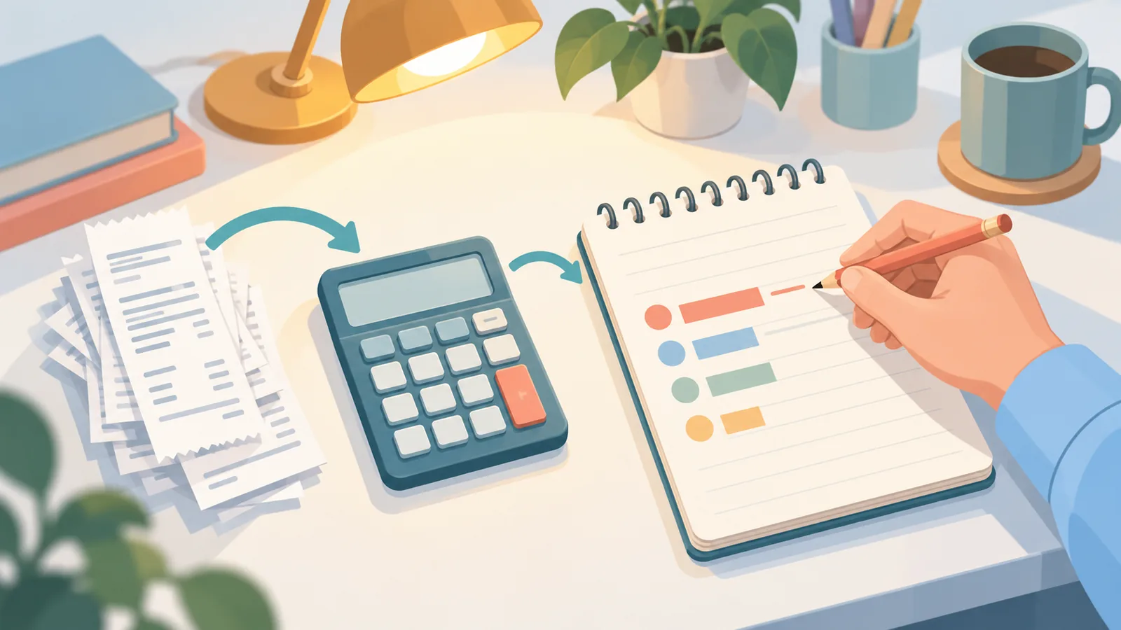 Mão anotando números ao lado de uma calculadora e recibos