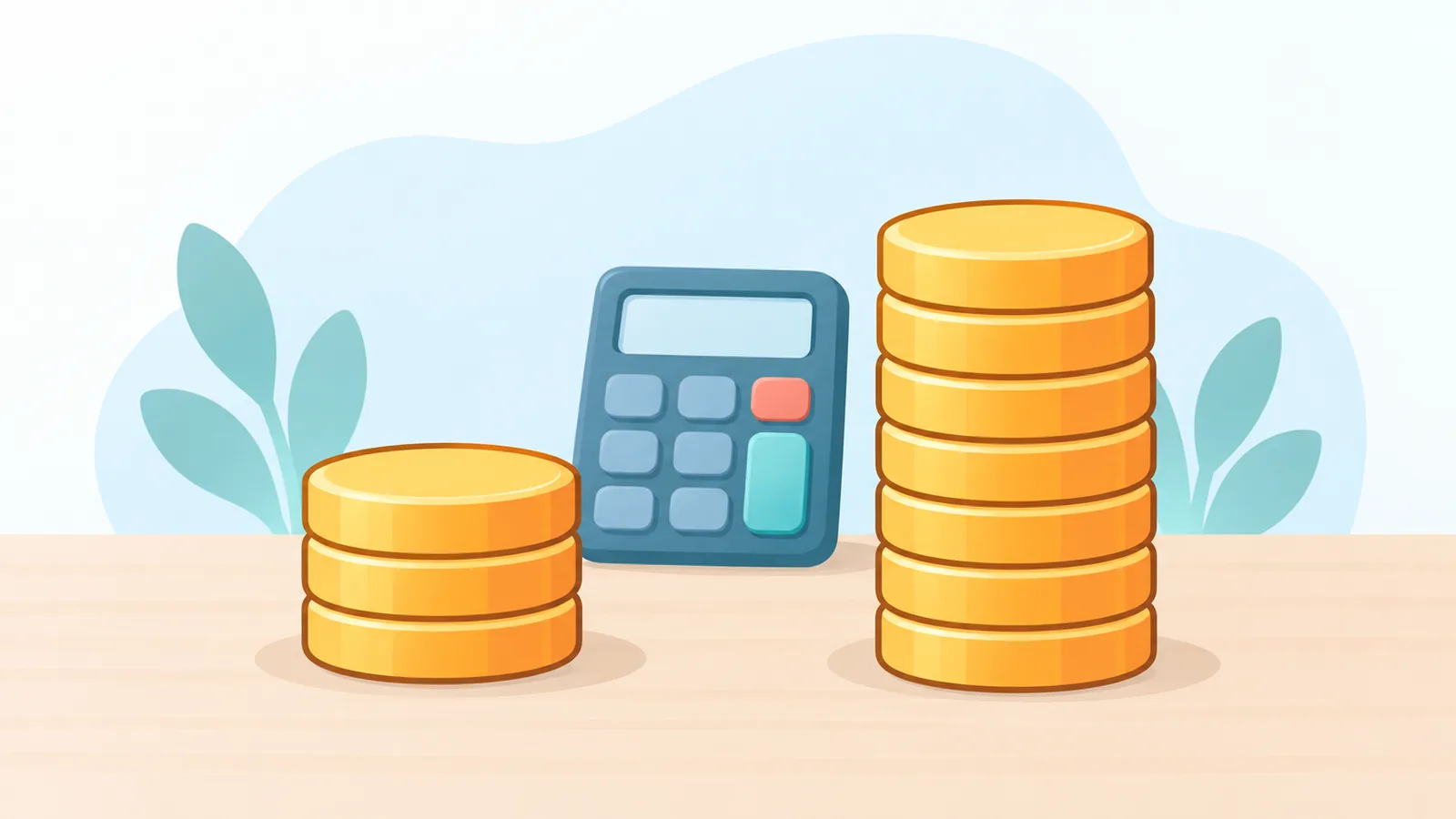 Duas pilhas de moedas de alturas diferentes ao lado de uma calculadora