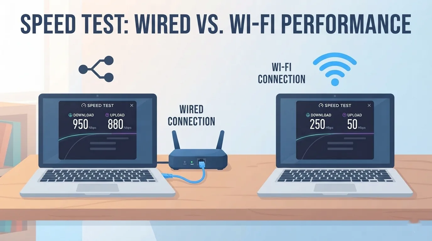 Dois notebooks fazendo teste de velocidade, um por cabo e outro por Wi-Fi