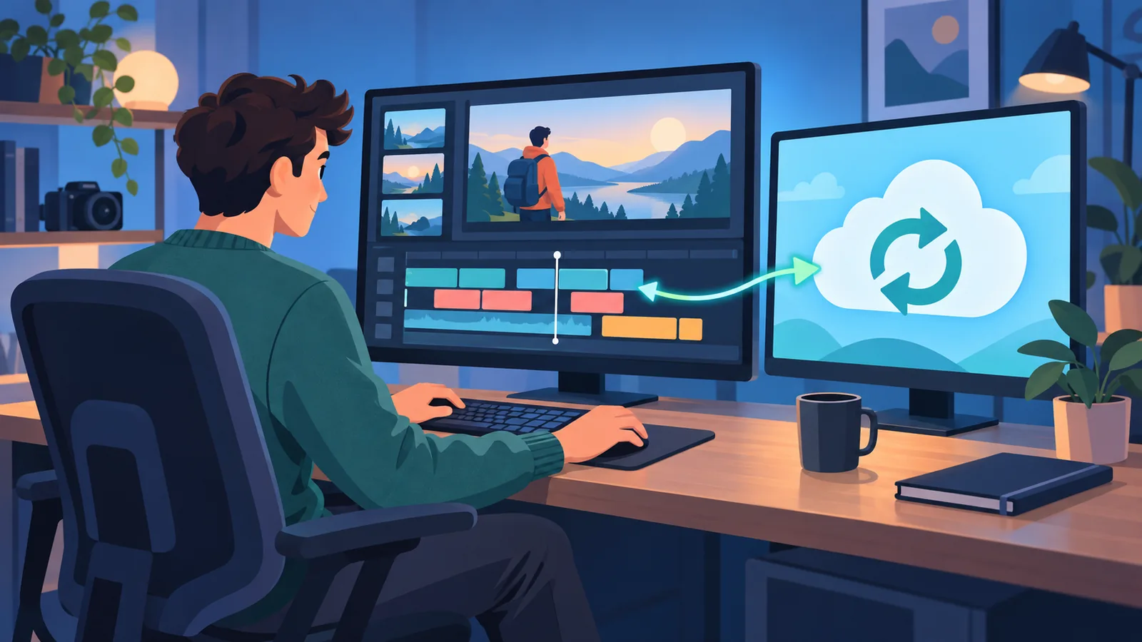 Editor de vídeo trabalhando com arquivos sincronizados na nuvem