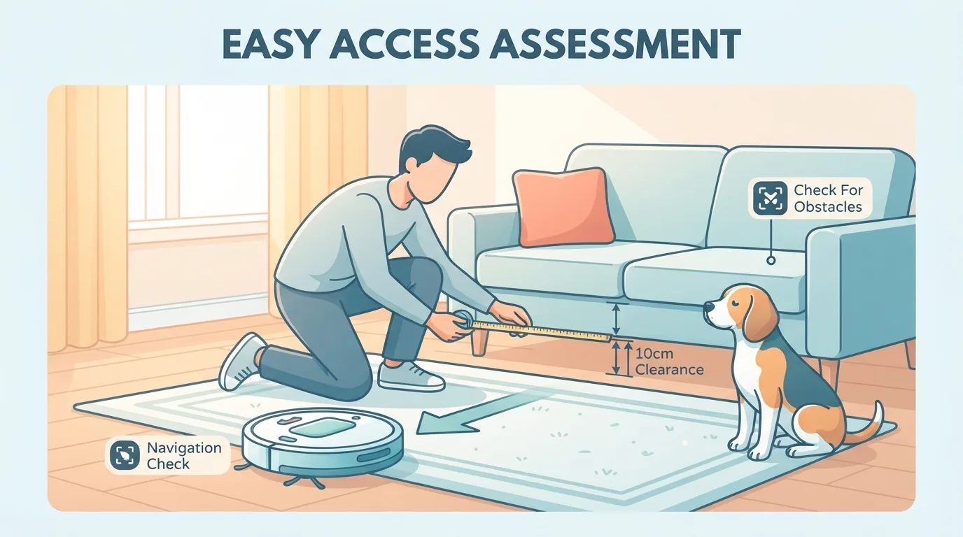 Robô aspirador compacto com base de esvaziamento em um corredor e um gato observando