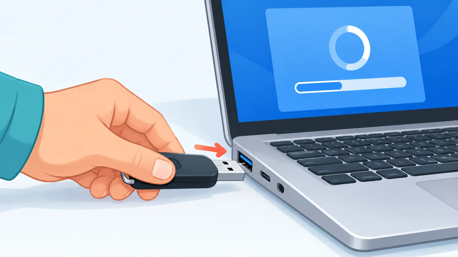 Pen drive de instalação sendo conectado a um notebook