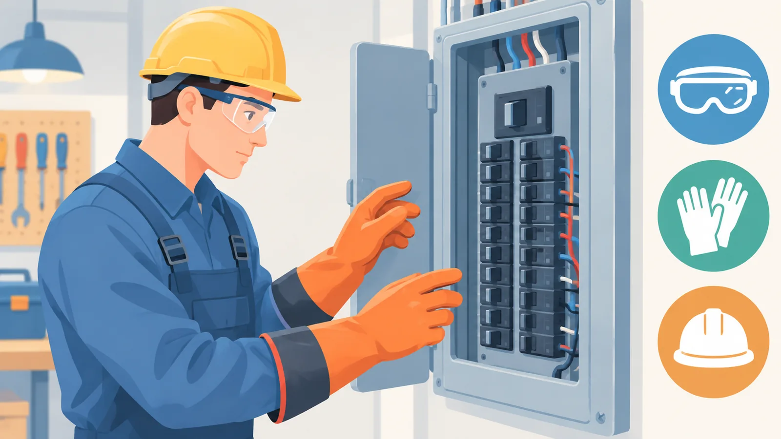 Eletricista com luvas isoladoras diante do quadro de energia