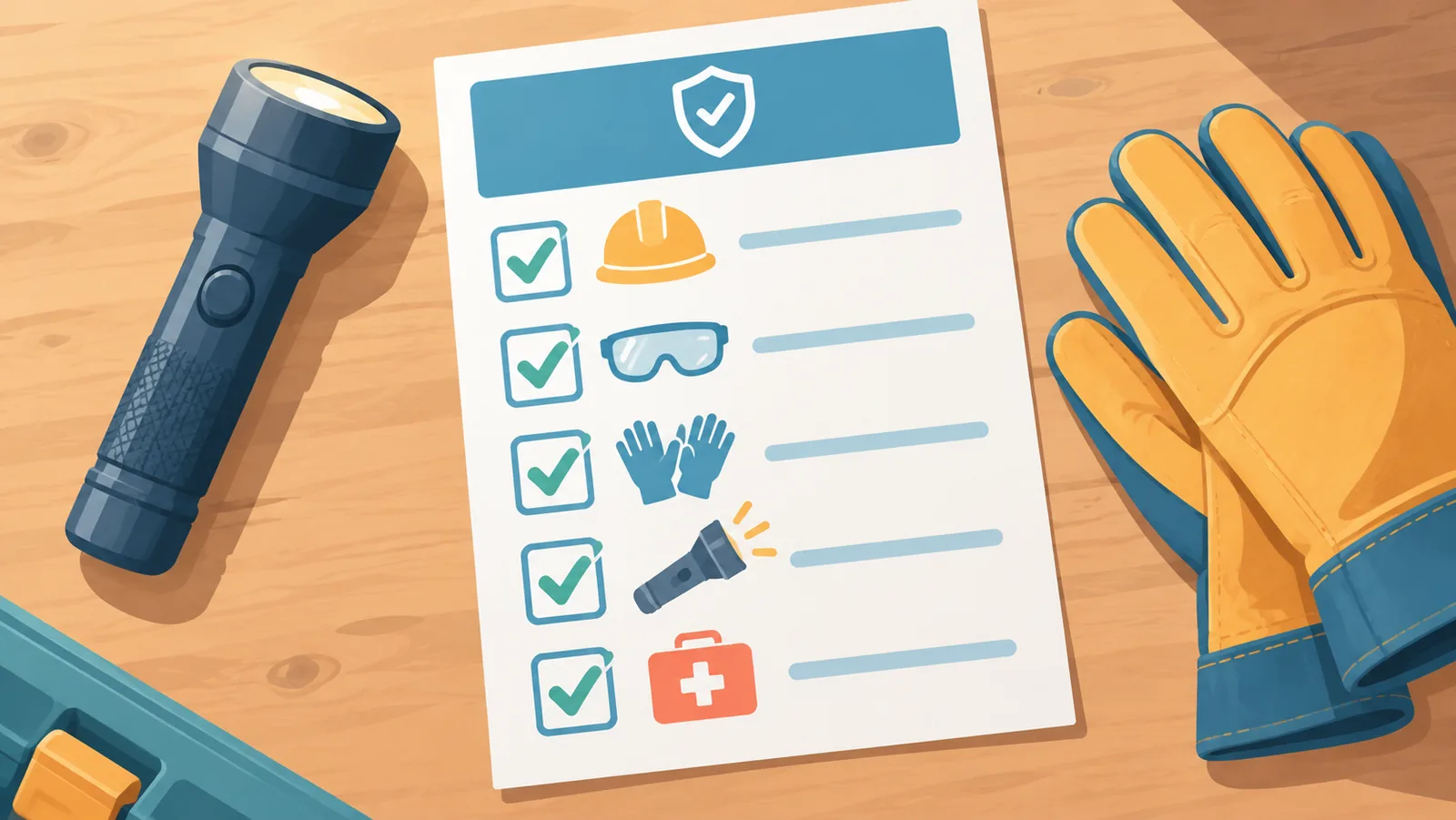 Checklist de segurança sobre a bancada ao lado de uma lanterna