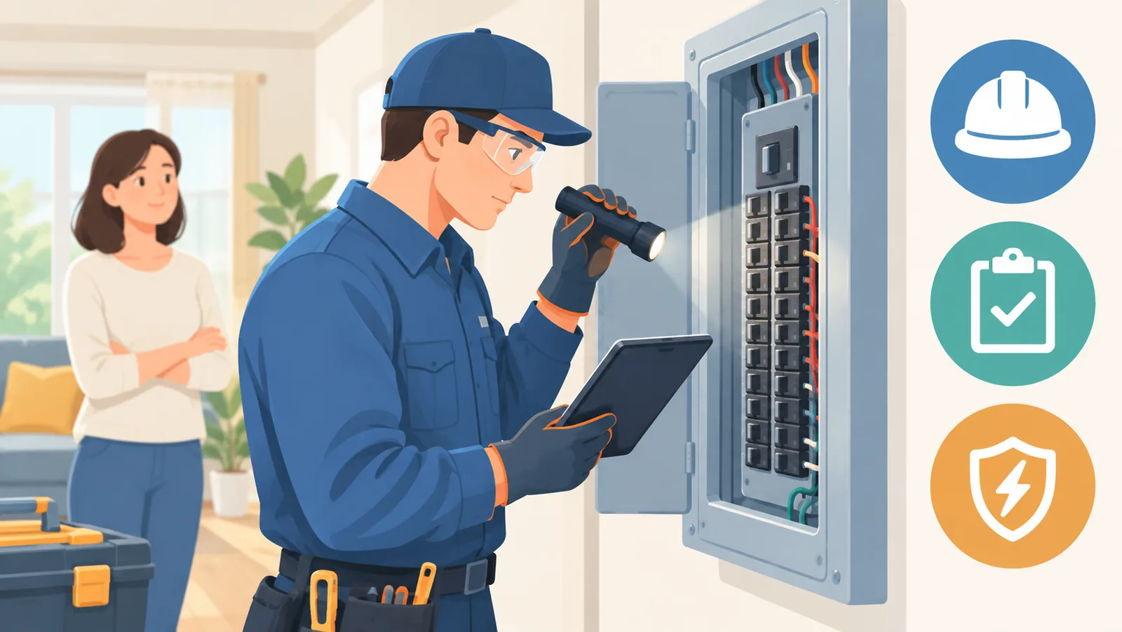 Eletricista habilitado inspecionando o quadro de luz de uma casa